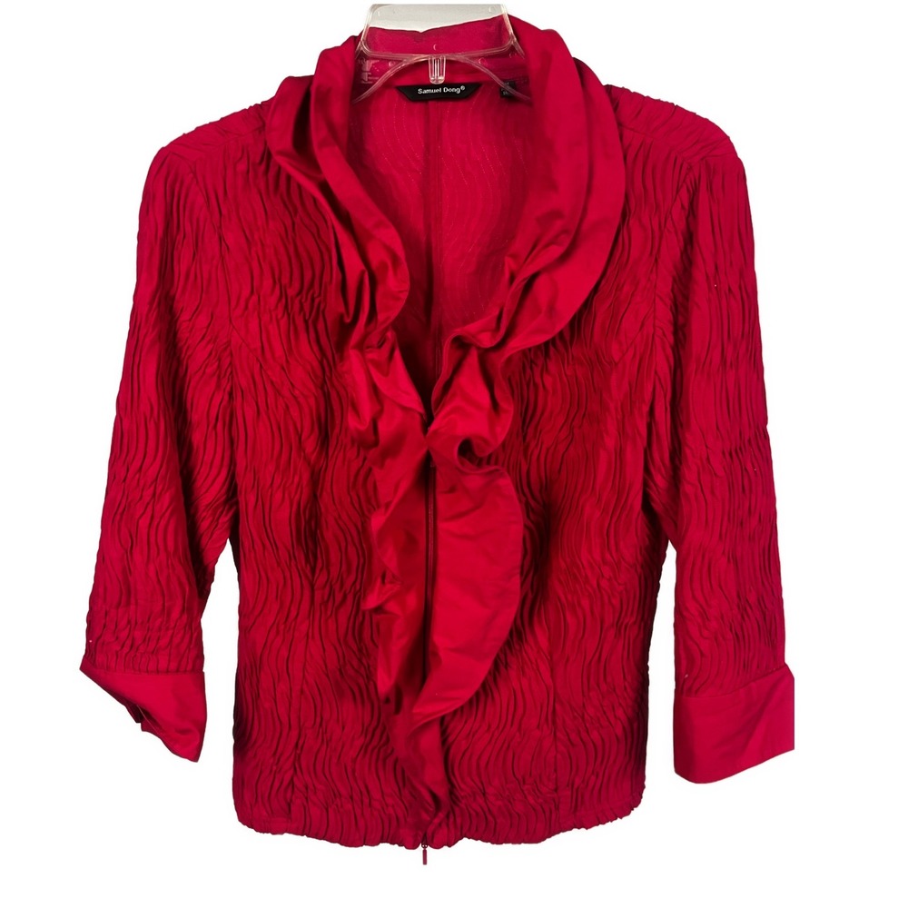 Samuel Dong Women's Red Textured Ruffle Front Full‎ Zip Top Wearable Art- Size M